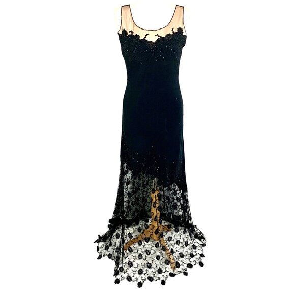 Sheer Illusion Lace Evening Gown Black Beaded Maxi 8 Formal Prom Black Tie - Picture 2 of 12